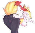  2019 anthro anus areola ayzcube bedroom_eyes black_body black_fur braixen breasts butt canid canine claws english_text female fur half-closed_eyes hi_res inner_ear_fluff looking_at_viewer looking_back mammal multicolored_body multicolored_fur nintendo nipples pok&eacute;mon pok&eacute;mon_(species) presenting presenting_hindquarters presenting_pussy pussy raised_tail red_eyes seductive simple_background smile solo spread_butt spreading standing text tuft video_games yellow_body yellow_fur 