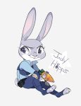  anthro biped clothed clothing dipstick_ears disney female fully_clothed fur grey_background grey_body grey_fur holding_object holding_weapon judy_hopps lagomorph leporid mammal multicolored_ears pink_nose police_uniform rabbit scut_tail simple_background sitting smile solo toeless_legwear u-min uniform weapon white_body white_fur zootopia 