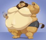  anthro belly belly_overhang big_belly chubby_cheeks claws clothed clothing double_chin felid flexing fur hand_on_stomach hi_res lion love_handles male mammal mane moobs morbidly_obese navel obese obese_male one_eye_closed open_mouth open_smile overweight overweight_male pantherine polartoons smile solo standing tan_body tan_fur thick_thighs toe_claws tongue tongue_out topless wide_hips wink 