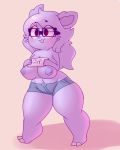  2_toes 3_fingers anormaluser anthro big_breasts blush bottomwear breasts buckteeth clothed clothing cutoffs denim denim_clothing didi english_text eyewear female fingers freckles fur glasses hair mammal navel nidoran nidoran♀ nintendo pok&eacute;mon pok&eacute;mon_(species) purple_body purple_fur purple_hair red_eyes short_stack shorts sign smile solo teeth text thick_thighs tight_bottomwear tight_clothing tight_shorts toes topless video_games wide_hips 