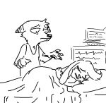  anthro bed black_and_white bodily_fluids bunanon_(trash_character) canid canine clothed clothing crying duo fox furniture head_tuft inside loss mammal meme monochrome nobby_(artist) on_bed pawpads red_(trash_character) shirt simple_background tank_top tears topwear tuft under_covers white_background 