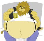  alcohol anthro beer belly beverage big_belly biped blush claws clothed clothing felid fur gloves handwear hi_res holding_beverage holding_object lion male mammal mane midriff musclegut muscular muscular_male navel obese obese_male one_eye_closed overweight overweight_male pantherine rando_(reagan700) reagan700 sitting smile solo suspenders tail_tuft tan_body tan_fur tuft wide_hips wink 
