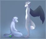  2015 anthro black_body black_feathers canid canine canis digital_media_(artwork) feathered_wings feathers fur green_nose green_pawpads grey_body grey_fur hybrid kneeling mammal pawpads senimasan standing wings wolf 