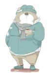  2017 absurd_res anthro beverage bottomwear clothing coffee hat headgear headwear hi_res humanoid_hands male mammal overweight overweight_male panda_po pants scarf simple_background solo sweater topwear white_background 