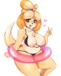  &lt;3 &lt;3_eyes 2018 5_fingers animal_crossing anthro areola bikini blonde_hair bodily_fluids breasts canid canine canis clothing digital_media_(artwork) dipstick_tail domestic_dog drooling exposed_breasts female fingers gesture hair hi_res isabelle_(animal_crossing) kitsuumi looking_at_viewer mammal multicolored_tail nintendo nipples open_mouth saliva shih_tzu simple_background slightly_chubby swim_ring swimwear tongue toy_dog v_sign video_games white_background 