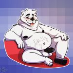  2019 anthro balls biped blush bodily_fluids cum cum_on_face cum_on_stomach fur genital_fluids humanoid_hands humanoid_penis male mammal overweight overweight_male penis sitting solo thesintaur thetauren tongue tongue_out ursid white_body white_fur 