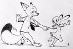  2019 anthro barefoot black_and_white bottomwear canid canine cheek_tuft clothed clothing dancing dipstick_ears dipstick_tail disney dress duo face_tuft fox fully_clothed hand_holding inktober inner_ear_fluff jewelry judy_hopps lagomorph leporid looking_at_another mammal monochrome multicolored_ears multicolored_tail necklace necktie nick_wilde on_one_leg pants predator/prey rabbit ring shirt simple_background size_difference smile standing theblueberrycarrots topwear tuft wedding_ring white_background zootopia 