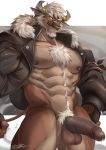  2019 abs anthro balls beard bodily_fluids body_hair bottomless bovid bovine cattle chest_hair clothed clothing ear_piercing ear_ring erection facial_hair facial_piercing genital_fluids hair hi_res horn_ring humanoid_penis jacket leather leather_jacket looking_at_viewer male mammal muscular muscular_male navel nipples nose_piercing nose_ring pecs penis piercing precum pubes rabbity solo topwear white_hair 