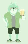  2019 alcohol anthro beer beverage blush bottomwear canid canine clothing eyes_closed hi_res male mammal panda_po pants shirt simple_background solo topwear 