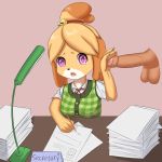  1:1 2019 animal_crossing big_breasts bow breasts canid canine canis disembodied_penis distressed domestic_dog erection faceless_male female female_focus female_on_human fingers fur hi_res human isabelle_(animal_crossing) male mammal miklia nintendo open_mouth penis push secretary sexual_harassment shih_tzu solo_focus surprise toy_dog video_games yellow_body yellow_fur 