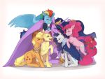  2019 applejack_(mlp) blonde_hair cape clothing earth_pony emotional equid equine eyes_closed feathered_wings feathers female feral fluttershy_(mlp) friendship_is_magic group hair horn horse hug mammal multicolored_hair my_little_pony nederside pink_hair pinkie_pie_(mlp) pony purple_hair rainbow_dash_(mlp) rainbow_hair rarity_(mlp) simple_background smile twilight_sparkle_(mlp) unicorn white_background winged_unicorn wings 