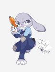  anthro claws clothed clothing crouching disney fully_clothed fur grey_background grey_body grey_fur holding_object holding_weapon judy_hopps lagomorph leporid mammal pink_nose police_uniform rabbit simple_background solo toe_claws toeless_legwear u-min uniform weapon white_body white_fur zootopia 