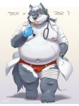  2019 anthro belly bulge canid canine canis clothed clothing english_text hi_res humanoid_hands male mammal moobs navel nikiciy nipples one_eye_closed open_shirt overweight overweight_male shirt simple_background solo text tongue tongue_out topwear underwear white_background wink wolf 
