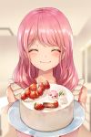  1girl ^_^ absurdres apron bang_dream! bangs bare_shoulders blurry blurry_background blush cake chocolate closed_eyes closed_mouth cream depth_of_field eyebrows_visible_through_hair facing_viewer food fruit happy_birthday highres holding holding_plate indoors long_hair maruyama_aya nogi_momoko pink_hair plate smile solo strawberry swept_bangs upper_body white_apron 