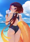  1girl absurdres ass back back_cutout bangs bare_arms benienma_(fate/grand_order) blonde_hair blue_swimsuit blush charles_(106858) closed_mouth cloud cloudy_sky cone eyebrows_visible_through_hair fate/grand_order fate_(series) furrowed_eyebrows hair_ribbon highleg highleg_swimsuit highres horns lifebuoy long_hair looking_at_viewer looking_back low_ponytail multicolored_hair ocean one-piece_swimsuit outdoors parted_bangs ponytail red_eyes red_hair ribbon sky smile solo swimsuit thighs two-tone_hair 