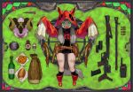  1girl animal_ears animal_head bangs black_legwear blood boots border bottle bread bullet copyright_name drawstring english_text fanny_pack food full_body green_background green_eyes grey_hair gun handgun hood hood_up kneehighs leotard little_red_riding_hood little_red_riding_hood_(grimm) long_hair long_sleeves looking_at_viewer nail nowaki_nakasane open_mouth outstretched_arms pie poison pouch red_footwear red_hood rock scar shaded_face sheep_head skull_print sleeves_past_fingers sleeves_past_wrists solo split_theme stained_glass the_boy_who_cried_wolf tongue tongue_out turtleneck walkie-talkie weapon weapon_request wheel wolf_ears wolf_hood zombie_pose 