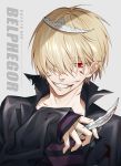  1boy 954740837 bangs belphegor_(reborn) blonde_hair blood blood_on_face bloody_clothes bloody_weapon buttons character_name collar crown dagger grey_background hair_over_one_eye holding holding_dagger holding_weapon katekyo_hitman_reborn! long_sleeves looking_at_viewer male_focus red_eyes shirt short_hair simple_background smile solo striped striped_shirt teeth upper_body weapon 
