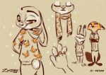  2019 barefoot blush bottomwear canid canine claws clothed clothing dipstick_ears disney duo ears_down eyes_closed fox fully_clothed fur hi_res hoodie inktober judy_hopps lagomorph leporid looking_away looking_back mammal multicolored_ears necktie nick_wilde orange_body orange_fur pants pivoted_ears qalcove rabbit red_fox ring scarf scut_tail shirt simple_background smile sparkles standing tan_background topwear zootopia 
