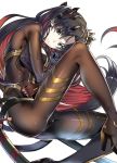  1girl bangs belt black_hair bodysuit breasts brown_bodysuit expressionless fate/grand_order fate_(series) hair_ornament head_tilt highres ishtar_(fate/grand_order) knee_up long_hair looking_at_viewer multicolored_hair red_eyes red_hair ribbon shorts simple_background solo space_ishtar_(fate) sumisu_(mondo) two_side_up very_long_hair vest white_background 