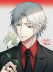  1boy 954740837 black_jacket black_neckwear character_name closed_mouth collar collared_jacket collared_shirt earrings flower formal gokudera_hayato green_eyes grey_background grey_hair holding holding_flower jacket jewelry katekyo_hitman_reborn! lily_(flower) looking_down male_focus multicolored multicolored_background necktie red_background red_shirt ring shirt short_hair simple_background solo suit upper_body white_flower 