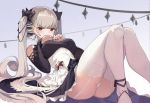  1girl azur_lane bangs bare_shoulders black_dress black_footwear black_nails black_ribbon blunt_bangs dress earrings formidable_(azur_lane) garter_straps hair_ribbon jewelry knees_up long_hair looking_at_viewer panties pantyshot pantyshot_(sitting) platinum_blonde_hair red_eyes ribbon seinen shoe_ribbon shoes shoulder_cutout sitting sleeves_past_wrists solo thighhighs twintails two-tone_dress two-tone_ribbon underwear very_long_hair white_legwear white_panties white_ribbon 