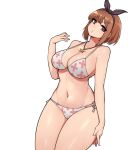  1girl :o atelier_(series) atelier_ryza bare_arms bare_shoulders bikini black_hairband black_ribbon breasts brown_eyes brown_hair cameltoe cleavage collarbone cowboy_shot donburikazoku dutch_angle hair_ornament hair_ribbon hairband hairclip highres jewelry large_breasts looking_at_viewer navel necklace o-ring o-ring_bikini o-ring_bottom parted_lips print_bikini reisalin_stout ribbon short_hair simple_background solo star star_necklace stomach swimsuit thighs white_background white_bikini 