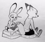  2019 black_and_white bottomwear canid canine cellphone cheek_tuft clothed clothing crossed_legs dipstick_ears dipstick_tail disney face_tuft fluffy fluffy_tail fox fully_clothed hi_res holding_cellphone holding_object holding_phone inktober judy_hopps lagomorph leg_markings leporid mammal markings monochrome multicolored_ears multicolored_tail nick_wilde phone rabbit shirt shorts simple_background sitting smile socks_(marking) tail_grab tank_top theblueberrycarrots topwear tuft white_background zootopia 