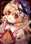  1girl :p ascot bangs blonde_hair blue_bow blue_choker blush bow brown_background chocolate choker commentary_request eyebrows_visible_through_hair flandre_scarlet food food_on_face frilled_shirt_collar frills fruit hair_between_eyes hair_bow hands_up highres holding holding_knife icing knife kyouda_suzuka long_hair looking_at_viewer no_hat no_headwear one_side_up outside_border puffy_short_sleeves puffy_sleeves red_eyes ribbon_choker shirt short_sleeves solo strawberry striped striped_bow tongue tongue_out touhou upper_body white_shirt wrist_cuffs yellow_neckwear 