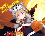  1girl 2others black_ribbon black_serafuku blonde_hair bokukawauso broom candy commentary_request cowboy_shot crossed_arms dutch_angle enemy_lifebuoy_(kantai_collection) food full_moon gloves hair_flaps hair_ornament hairclip halloween jack-o&#039;-lantern kantai_collection kuroten long_hair moon multiple_others neckerchief orange_sky paw_gloves paws red_eyes red_neckwear remodel_(kantai_collection) ribbon school_uniform serafuku shinkaisei-kan sky standing wolf_hood yuudachi_(kantai_collection) 