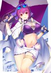  1girl bangs bikini blush bracelet breasts bridal_gauntlets cape cleavage emanon123 eyewear_on_head fate/grand_order fate_(series) hair_between_eyes highleg highleg_bikini highres jewelry large_breasts long_hair looking_at_viewer microskirt midriff navel open_mouth purple_bikini purple_hair purple_ribbon race_queen red_eyes ribbon scathach_(fate)_(all) scathach_skadi_(fate/grand_order) shrug_(clothing) skirt solo sunglasses swimsuit thighs umbrella white_cape white_skirt 