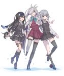  3girls ahoge arm_warmers asashimo_(kantai_collection) black_hair black_legwear black_ribbon black_skirt blazer boots brown_eyes closed_eyes commentary_request cross-laced_footwear dress full_body fuyumika grey_eyes grey_hair grey_legwear grin hair_over_one_eye halterneck hatsushimo_(kantai_collection) headband highres jacket kantai_collection kasumi_(kantai_collection) lace-up_boots long_hair long_sleeves low-tied_long_hair mismatched_legwear multiple_girls pinafore_dress pleated_skirt ponytail red_ribbon remodel_(kantai_collection) ribbon rudder_footwear school_uniform side_ponytail silver_hair simple_background single_thighhigh skirt sleeves_rolled_up smile thighhighs white_background 