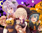  azur_lane bat blonde_hair breasts cleavage closed_eyes glowworm_(azur_lane) green_hair grenville_(azur_lane) halloween_costume hat highres long_hair one_eye_closed pumpkin purple_hair red_eyes short_hair smile tonchinkan witch_hat z23_(azur_lane) 