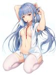  1girl areola_slip areolae armpit_peek arms_up artist_name bang bangs blue_background blue_hair blue_panties blush breasts breasts_apart closed_mouth collared_shirt dress_shirt eyebrows_visible_through_hair finger_gun full_body highres long_hair looking_at_viewer medium_breasts mouth_hold navel no_bra one_side_up open_clothes open_shirt original panties purple_eyes shenhai_(2556146833) shirt short_sleeves sitting smile solo stomach striped striped_legwear thighhighs tying_hair unbuttoned unbuttoned_shirt underwear vertical-striped_legwear vertical_stripes very_long_hair white_legwear 