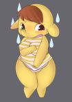  animal_crossing blush bodily_fluids breasts brown_hair covering_up elephant elephantid eloise_(animal_crossing) eyelashes female green_nose hair mammal nintendo proboscidean slightly_chubby solo striped_shirt sweat sweatdrop tears video_games yellow_body yellow_skin 