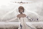  1girl ac-130_spectre ahoge aircraft airplane arm_ribbon bare_shoulders black_choker black_gloves breasts bridal_veil brown_hair choker cleavage closed_eyes closed_mouth cloud cloudy_sky collarbone commentary cowboy_shot dark_skin day dress earrings elbow_gloves english_commentary facing_viewer field flare flower girls_frontline gloves hair_ornament highres holding holding_flower horizon huqu jewelry outdoors outstretched_arms overcast ribbon see-through short_hair sky small_breasts smile smoke solo standing strapless strapless_dress vector_(girls_frontline) veil vortex wedding_dress wheat_field white_dress 