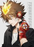  1boy 954740837 bandaid bandaid_on_cheek bandaid_on_face black_shirt brown_hair character_name collar collarbone collared_shirt fire gloves grey_background katekyo_hitman_reborn! long_sleeves looking_at_viewer male_focus open_mouth red_gloves sawada_tsunayoshi scratches scratching_cheek shirt short_hair solo spiked_hair upper_body x_gloves_(reborn) yellow_eyes 