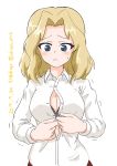  1girl absurdres artist_name black_bra blonde_hair blue_eyes bra breasts bursting_breasts buttoning cleavage closed_mouth commentary commentary_request dated dress_shirt drops_mint frown girls_und_panzer hair_intakes highres holding kay_(girls_und_panzer) large_breasts long_hair long_sleeves looking_at_viewer partially_unbuttoned shirt simple_background solo standing sweatdrop trembling twitter_username underwear upper_body white_background white_shirt wing_collar 