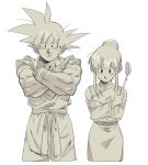  1boy 1girl bangs black_eyes blunt_bangs chi-chi_(dragon_ball) china_dress chinese_clothes couple crossed_arms dougi dragon_ball dragon_ball_z dress eyelashes fingernails greyscale hair_bun hair_over_eyes hetero highres hime_cut holding holding_spoon hpoono_(0159) looking_at_viewer monochrome muscle shaded_face shiny shiny_skin sidelocks simple_background smile son_gokuu soup_ladle spiked_hair spoon standing upper_body v-shaped_eyebrows white_background wristband 