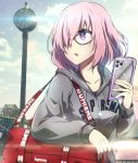  1girl :o alternate_costume bag black-framed_eyewear blue_sky bright_pupils casual cellphone clock collarbone day drawstring duffel_bag fate/grand_order fate_(series) glasses grey_jacket hair_over_one_eye highres holding holding_cellphone holding_phone hood hood_down hooded_jacket iphone jacket lens_flare long_sleeves looking_away looking_to_the_side mash_kyrielight open_mouth outdoors parted_lips phone pink_hair purple_eyes revision short_hair sky smartphone solo sunlight tom_(drpow) upper_body 