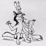  1:1 2019 ambiguous_gender anthro apron black_and_white bottomwear canid canine canis clothed clothing dipstick_tail disney ear_grab fluffy fluffy_tail fox fully_clothed group hi_res inktober inner_ear_fluff judy_hopps kneeling lagomorph leporid mammal mask monochrome multicolored_tail nick_wilde one_eye_closed pants pawpads rabbit shirt simple_background sitting theblueberrycarrots topless topwear tuft white_background wolf zootopia 