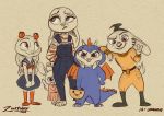  2019 ambiguous_gender anthro barefoot blue_eyes bottomwear buckteeth clothed clothing costume disney fully_clothed gesture grin group hi_res hiding inktober judy_hopps lagomorph leporid looking_at_another looking_at_viewer looking_away mammal overalls purple_eyes qalcove rabbit sibling simple_background skirt smile standing tan_background teeth v_sign zootopia 
