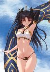  1girl arm_behind_head arm_up armpits ass_visible_through_thighs bandeau bangs bare_shoulders bikini black_bikini_bottom black_bow black_hair blue_sky bow breasts bsmycc closed_mouth cowboy_shot day detached_sleeves earrings eyebrows_visible_through_hair fate/grand_order fate_(series) hair_bow heavenly_boat_maanna highres hoop_earrings ishtar_(fate/grand_order) jewelry long_hair looking_at_viewer medium_breasts mismatched_bikini navel outdoors parted_bangs red_eyes single_detached_sleeve sky smile solo stomach straight_hair strapless strapless_bikini swimsuit thigh_gap tubetop two_side_up very_long_hair white_bikini_top 