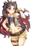  1girl :o absurdres bandaid bangs bare_shoulders belt belt_buckle black_belt black_hair blush buckle collarbone commentary_request eyebrows_visible_through_hair fate/grand_order fate_(series) fingerless_gloves gloves hair_ornament hand_on_hip highres ishtar_(fate/grand_order) long_hair looking_at_viewer multicolored_hair navel open_clothes open_vest parted_bangs parted_lips partial_commentary red_eyes red_hair samoore short_shorts shorts simple_background solo space_ishtar_(fate) tiara two-tone_hair two_side_up v-shaped_eyebrows very_long_hair vest white_background yellow_gloves yellow_shorts yellow_vest 