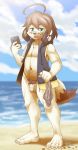  absurd_res anime anthro balls blue_eyes bottomless brown_hair canid canine canis clothed clothing domestic_dog flaccid foreskin fur hair hi_res kivwolf male mammal navel penis pubes public rigel solo teenager topwear uncut vest white_body white_fur young 