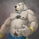  1:1 2017 5_fingers anthro beard big_muscles black_hair black_nipples black_nose blue_eyes body_hair bottomwear chest_hair clothed clothing facial_hair fingers fur hair happy_trail hi_res jewelry keto male mammal muscular muscular_male necklace nipples polar_bear shorts simple_background solo standing tiberious topless ursid ursine white_body white_fur wristband 