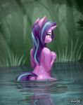  2019 anthro bathing blue_eyes breasts cutie_mark digital_media_(artwork) equid eyelashes female friendship_is_magic hair hand_on_breast horn iloota looking_back mammal multicolored_hair multicolored_tail my_little_pony partially_submerged reflection signature smile solo starlight_glimmer_(mlp) two_tone_hair unicorn water wet wet_hair 