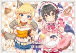 2girls :o ahoge animal_ears bangs bare_shoulders black_hair blonde_hair blue_eyes blush breasts brown_eyes candy character_name cleavage collar commentary_request doughnut eyebrows_visible_through_hair food hair_ornament happy_halloween head_wings idolmaster idolmaster_cinderella_girls jewelry kohinata_miho large_breasts lawson long_hair looking_at_viewer medium_breasts multiple_girls navel necklace ootsuki_yui open_mouth orange_collar shiitake_taishi short_hair smile tail wavy_hair wings wolf_ears wolf_tail 