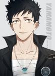  1boy 954740837 bandages black_hair brown_eyes character_name closed_mouth collar collarbone grey_background jewelry katekyo_hitman_reborn! looking_up male_focus necklace open_clothes ring short_hair simple_background solo spiked_hair upper_body yamamoto_takeshi 