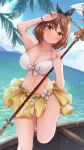  atelier_(series) atelier_ryza bikini black_ribbon blue_sky boat breasts brown_eyes brown_hair cleavage cloud commentary_request day dutch_angle feet_out_of_frame fou_zi hair_ribbon highres holding holding_staff large_breasts mountainous_horizon navel ocean palms reisalin_stout revision ribbon sarong short_hair sky smile staff swimsuit thighs watercraft white_bikini 