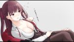  1girl black_skirt breasts brown_hair brown_legwear check_translation cleavage collarbone collared_shirt commander_(girls_frontline) commentary dress_shirt flying_sweatdrops girls_frontline grey_background grey_shirt highres jacket jewelry keenh long_hair medium_breasts necktie one_side_up open_clothes open_shirt pantyhose red_eyes red_jacket red_neckwear ring shirt simple_background skirt solo_focus striped striped_shirt translation_request vertical-striped_shirt vertical_stripes wa2000_(girls_frontline) wedding_band 